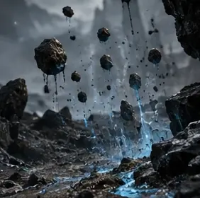 Rocks floating in the air above an Aether pool