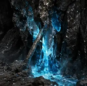 Aether pouring from a split in dark rock