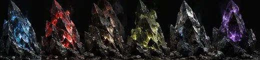 A row of crystals in blue, red, amber, green, silver and violet