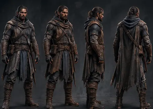 Front, three-quarter, side and back views of an Ironbound adventurer