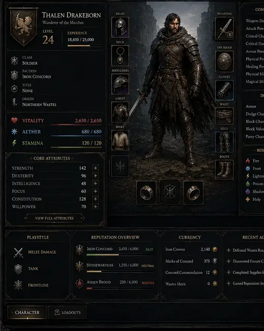 Concept of the character sheet screen