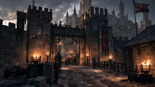 The torchlit main gate of Sundermarch Watch