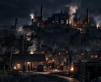Smoke and lantern light over the settlement at night