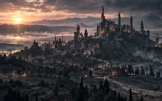 A hilltop fortress above misty lowlands at sunset
