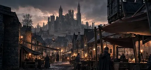 Market stalls lit by lanterns below the Watch