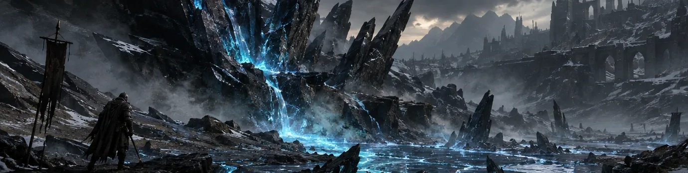 An Ironbound soldier looks over a Sundering wound where raw Aether bleeds from the rock